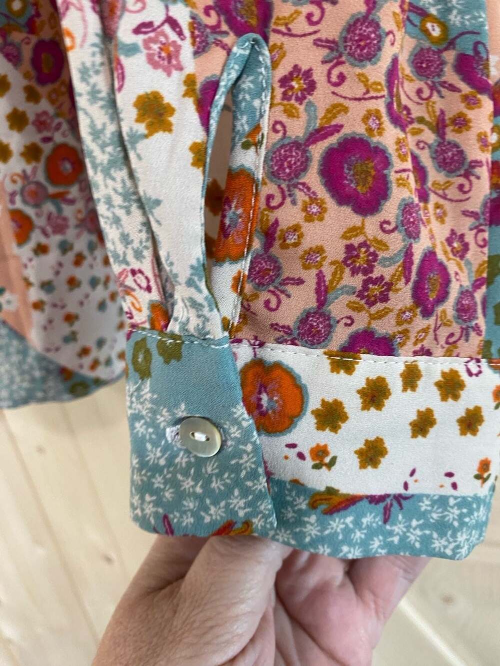 Rose + Olive Floral Patchwork Smocked Blouse Size large - Picture 4 of 10